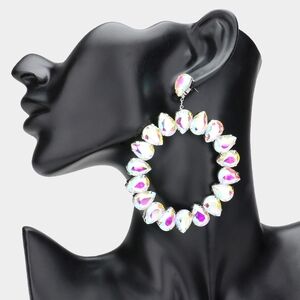 Big Abalone Silver Open Circle Glass Teardrop Crystal Dangle Earrings